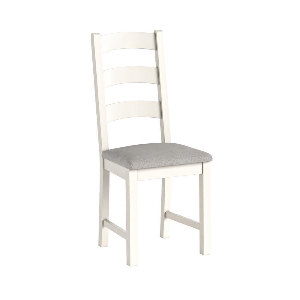 White chair with a gray cushion on a white background