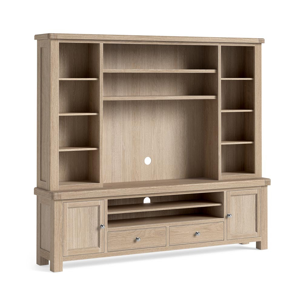 Wooden entertainment center with shelves and drawers on a white background