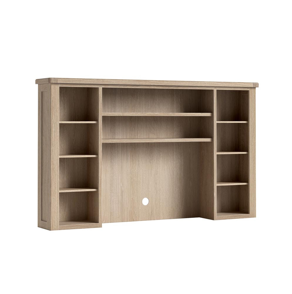 Wooden entertainment centre with open shelves on a white background