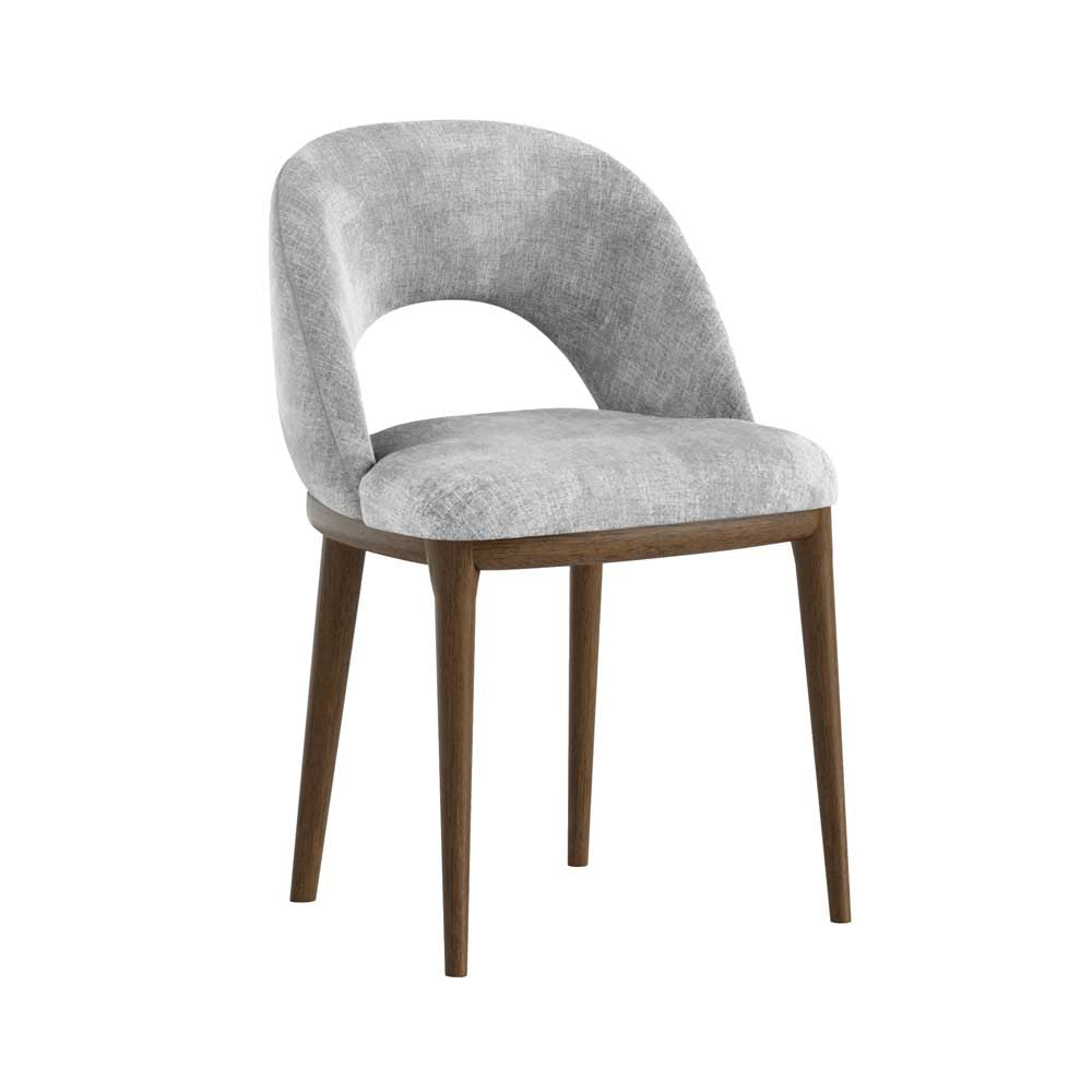 Gray upholstered chair with wooden legs on a white background