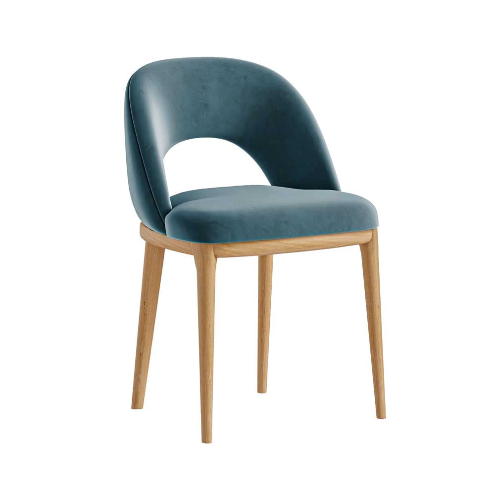 Blue upholstered chair with wooden legs on a white background