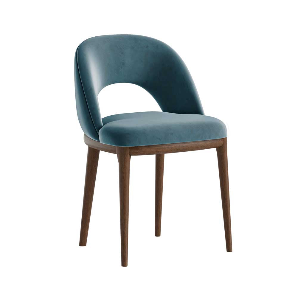 Blue upholstered chair with wooden legs on a white background