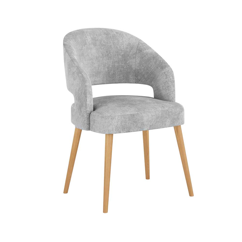 Gray upholstered chair with wooden legs on a white background