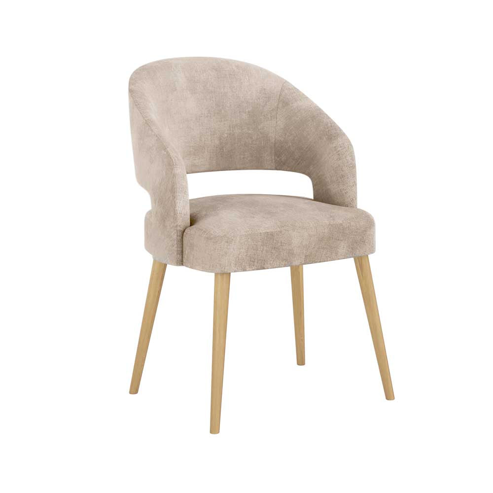Beige upholstered chair with wooden legs on a white background