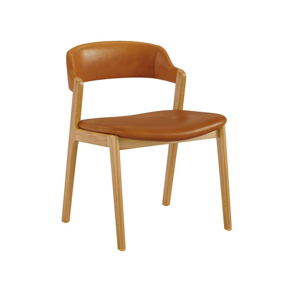 Tan PU chair with wooden legs on a white background