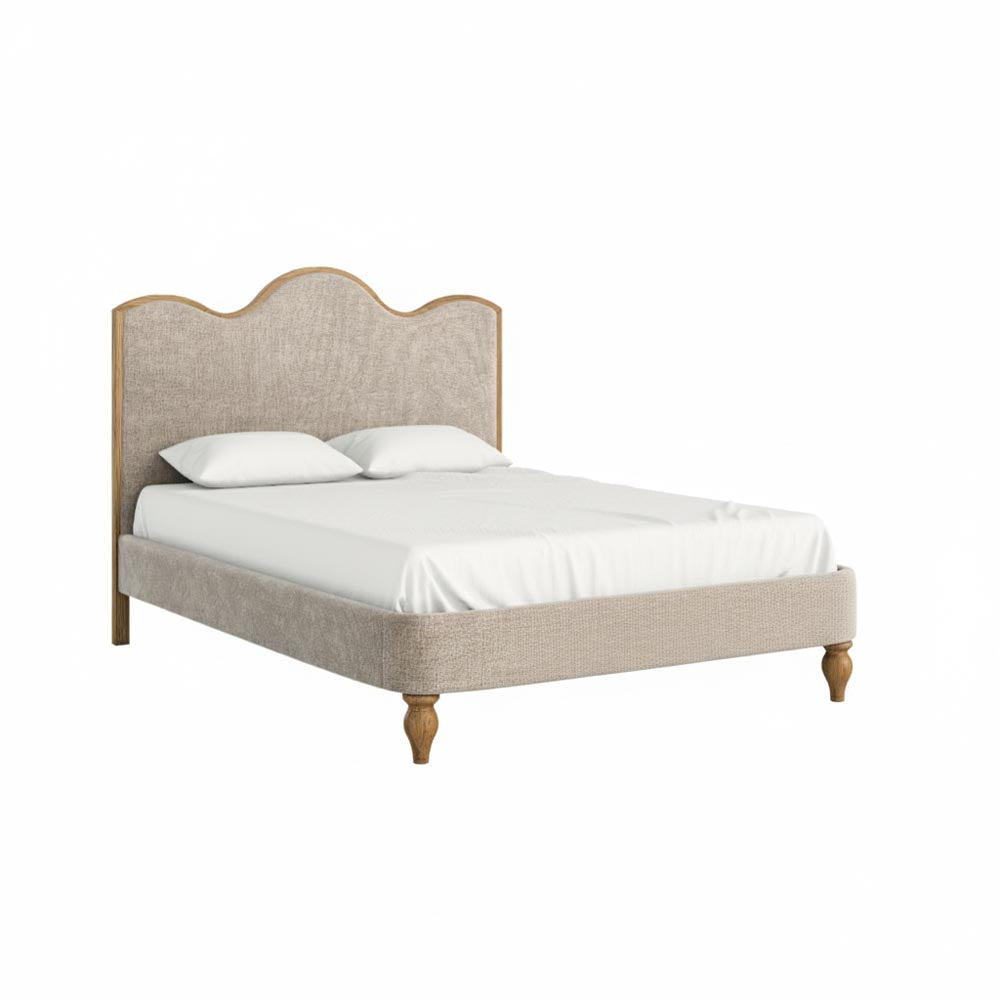 Beige upholstered bed with white bedding on a white background