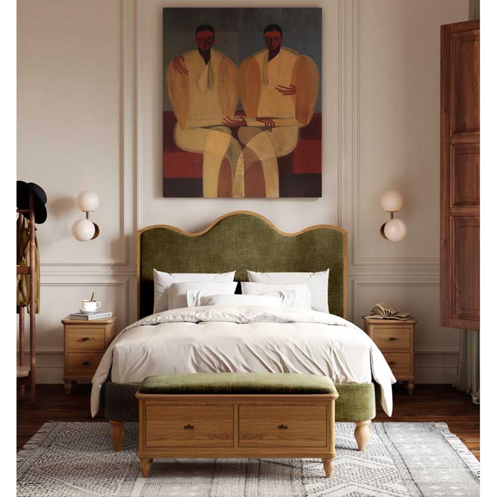 Bedroom with green upholstered headboard, matching upholstered wooden bench, and artwork on wall.