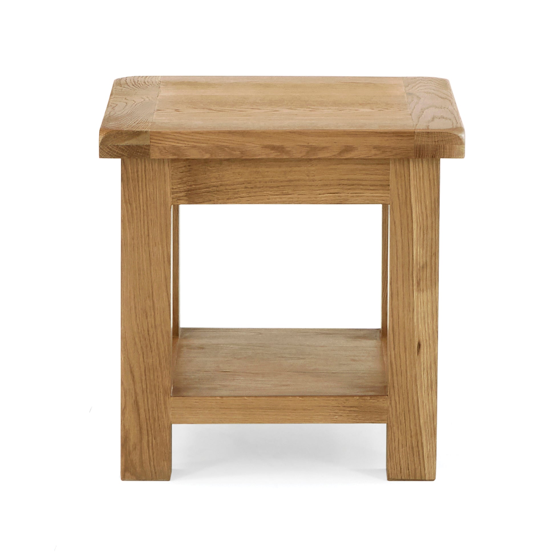 oak square lamp table with low open storage shelf underneath