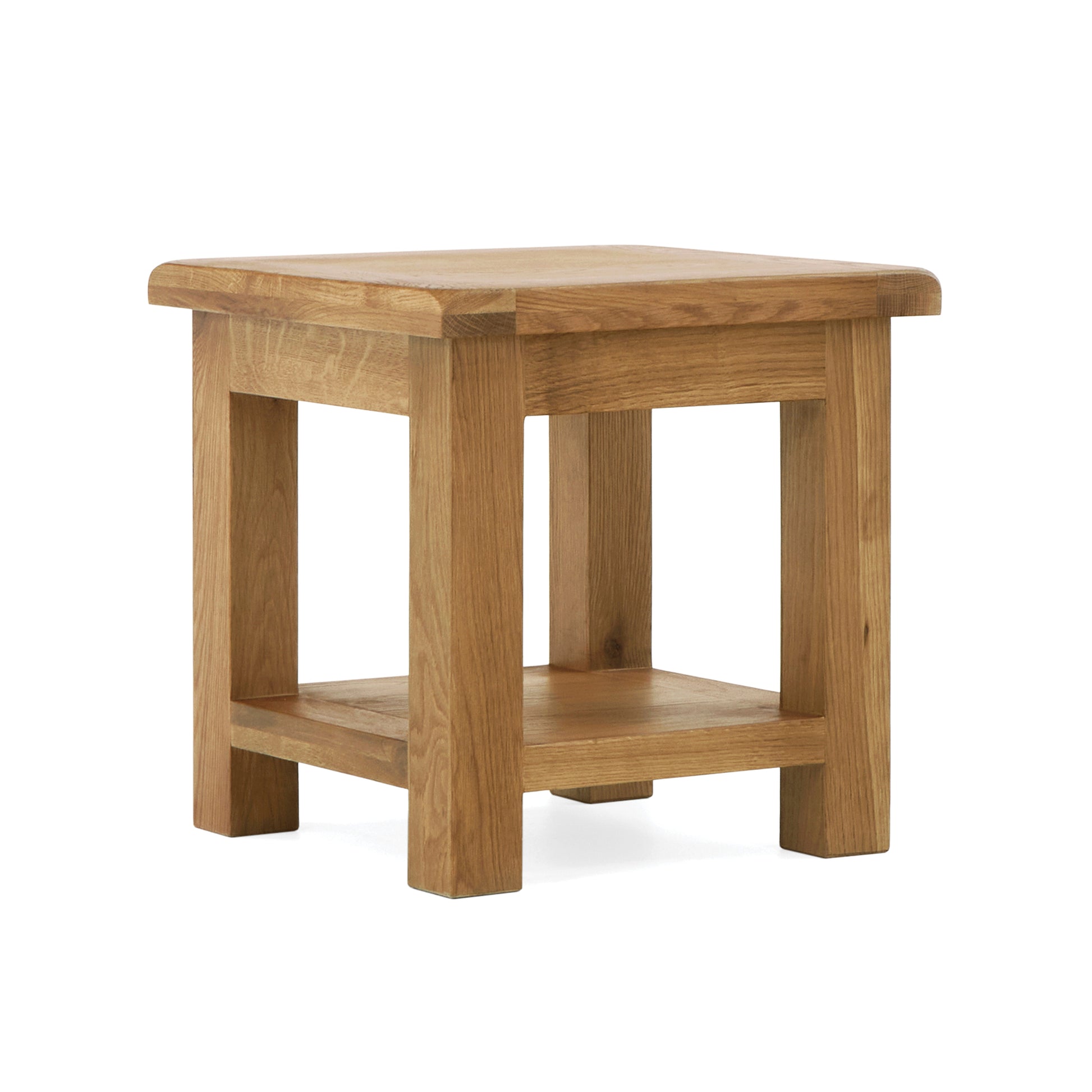 oak square lamp table with low open storage shelf underneath