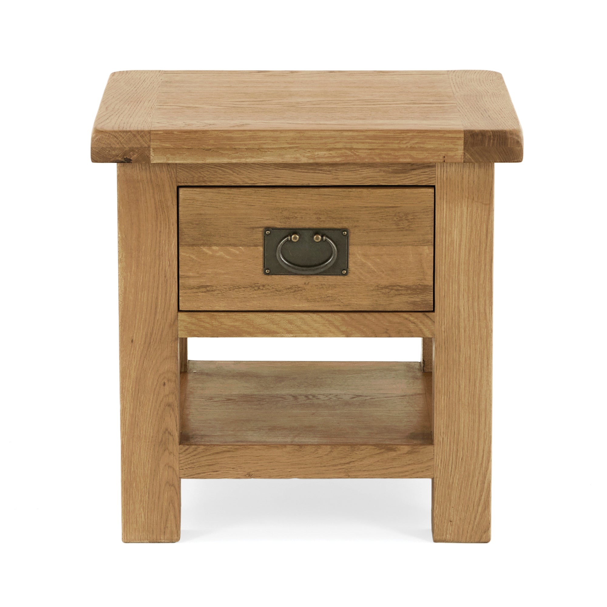 oak square lamp table with single drawer and low open storage shelf underneath