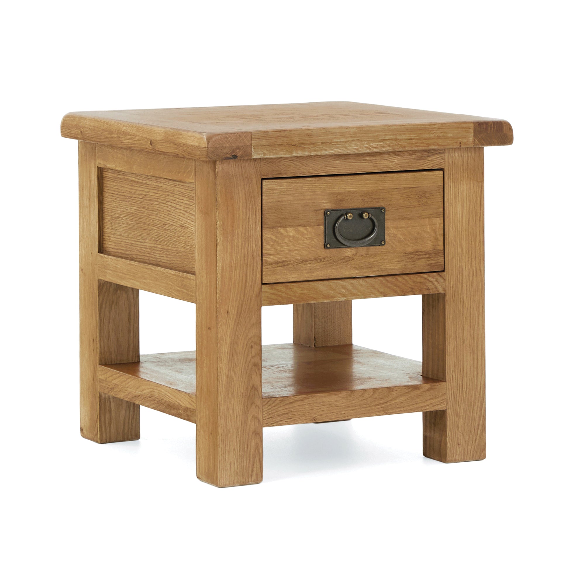 oak square lamp table with single drawer and low open storage shelf underneath