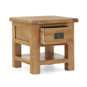 oak square lamp table with single drawer and low open storage shelf underneath