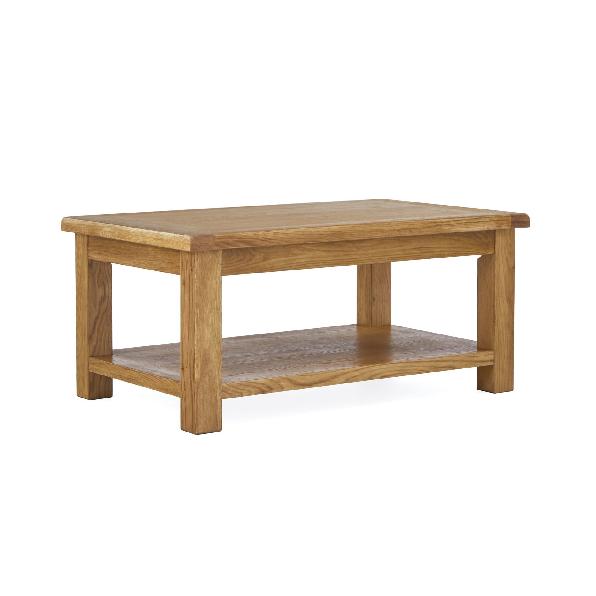 oak rectangular coffee table with storage shelf underneath