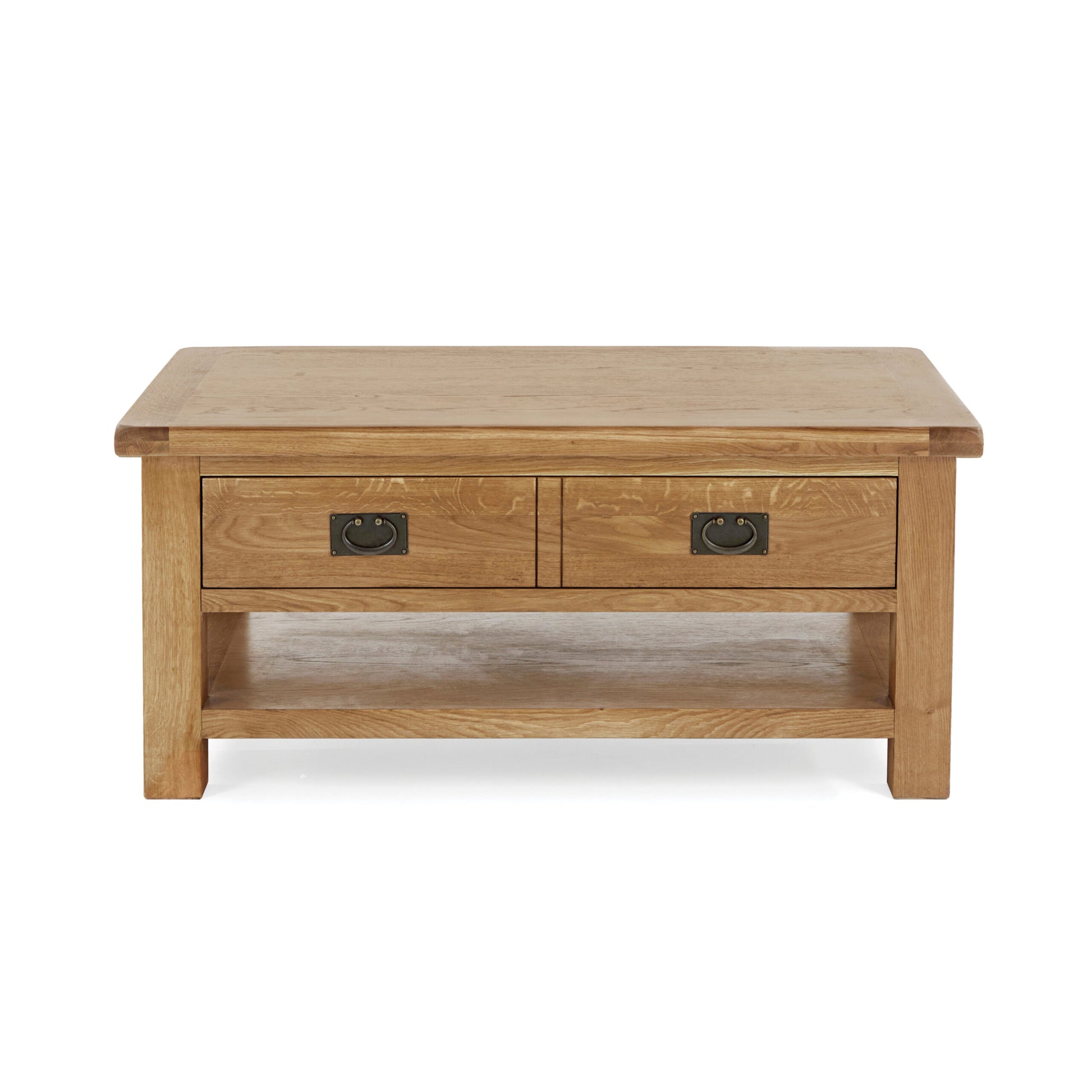 oak coffee table with 2 drawers and low shelf