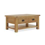 oak coffee table with 2 drawers and low shelf
