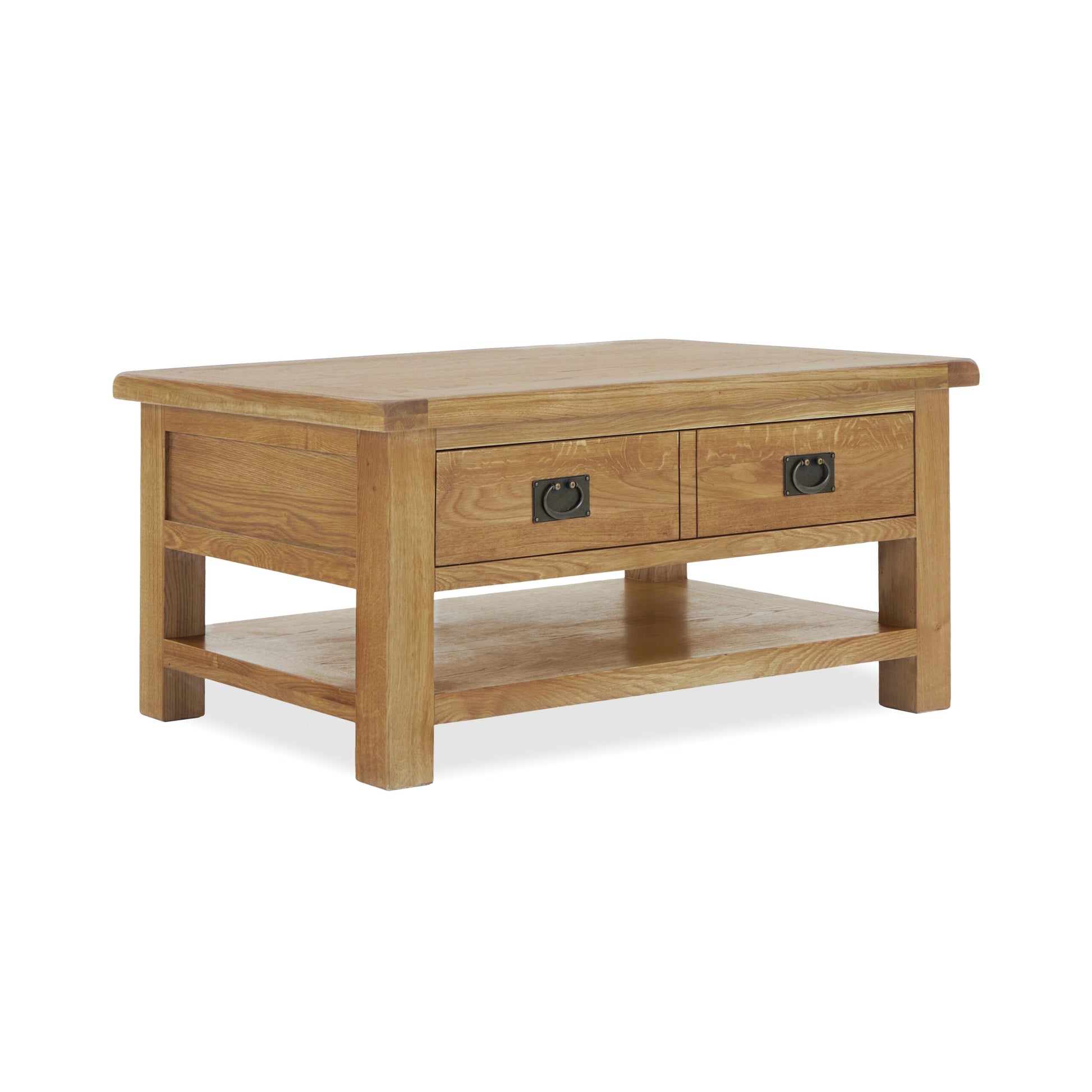 oak coffee table with 2 drawers and low shelf