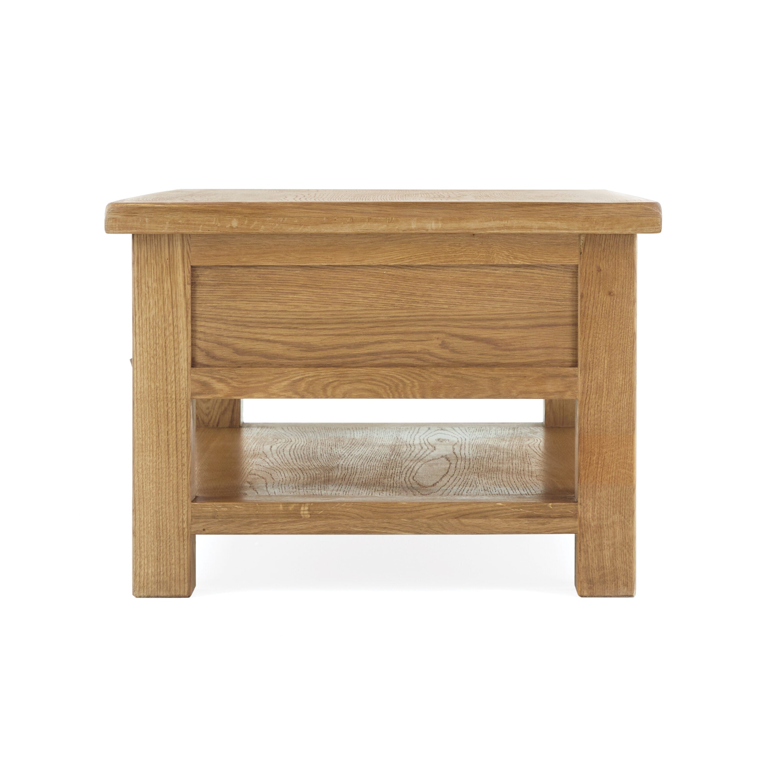 oak coffee table with 2 drawers and low shelf side view