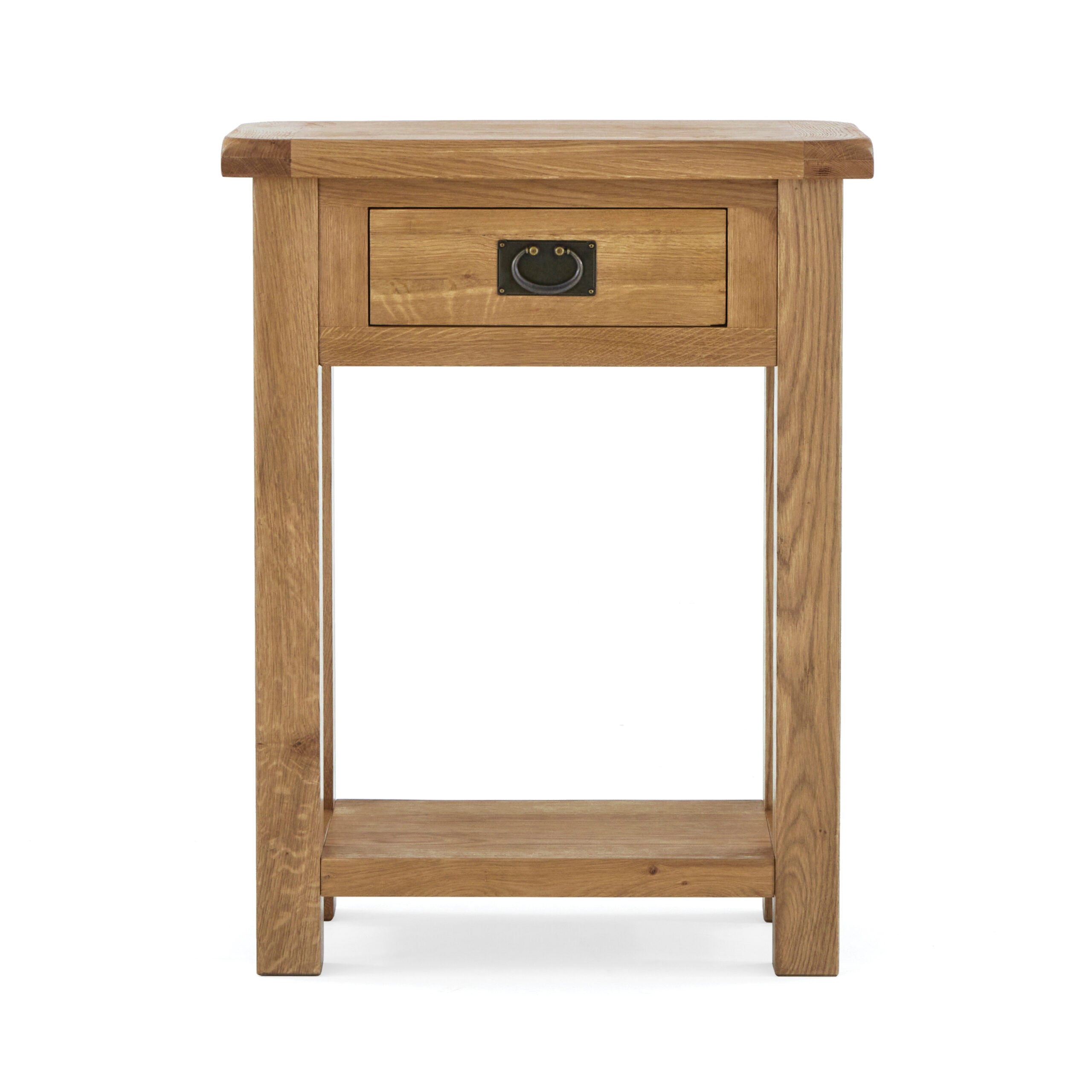 tall narrow oak telephone / colsole table with a single drawer and low storage shelf undernath