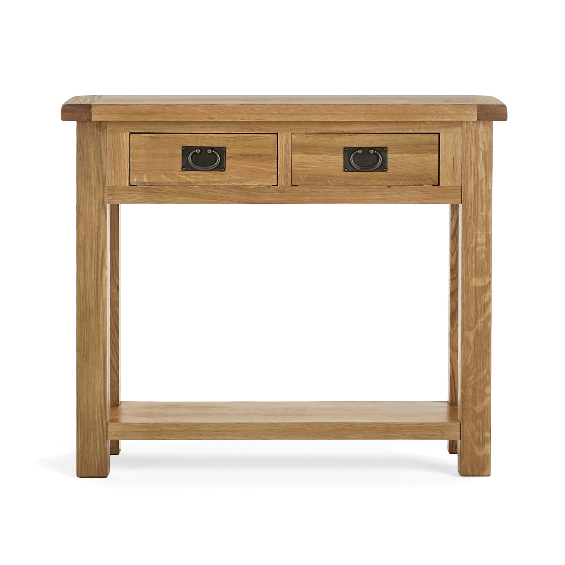 tall narrow oak colsole table with two drawers and low storage shelf undernath. front view.