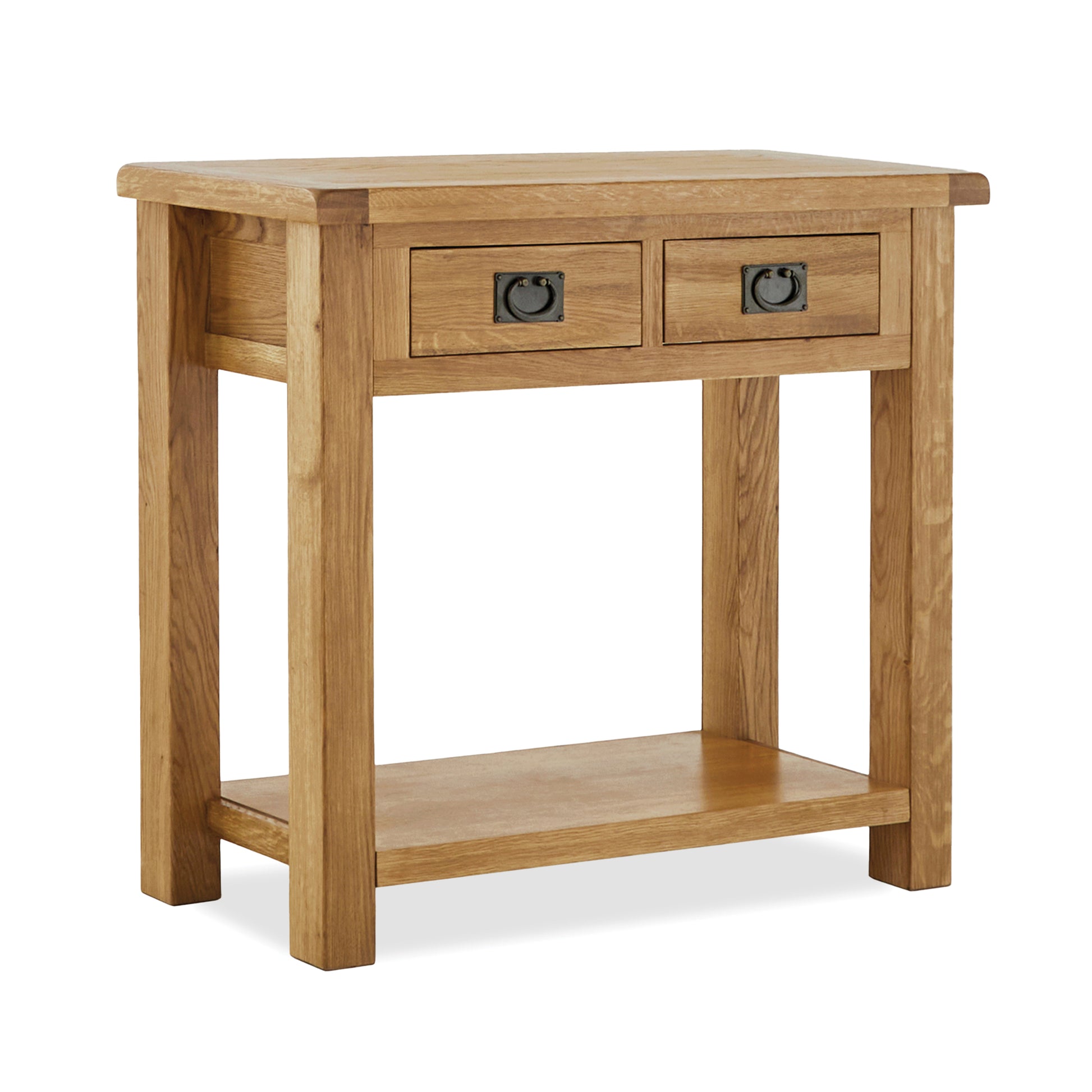 tall narrow oak colsole table with two drawers and low storage shelf undernath. angled view.