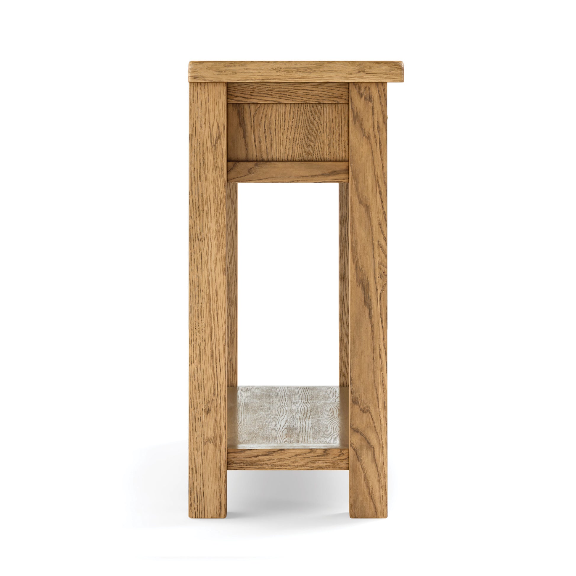 narrow oak console table. side view