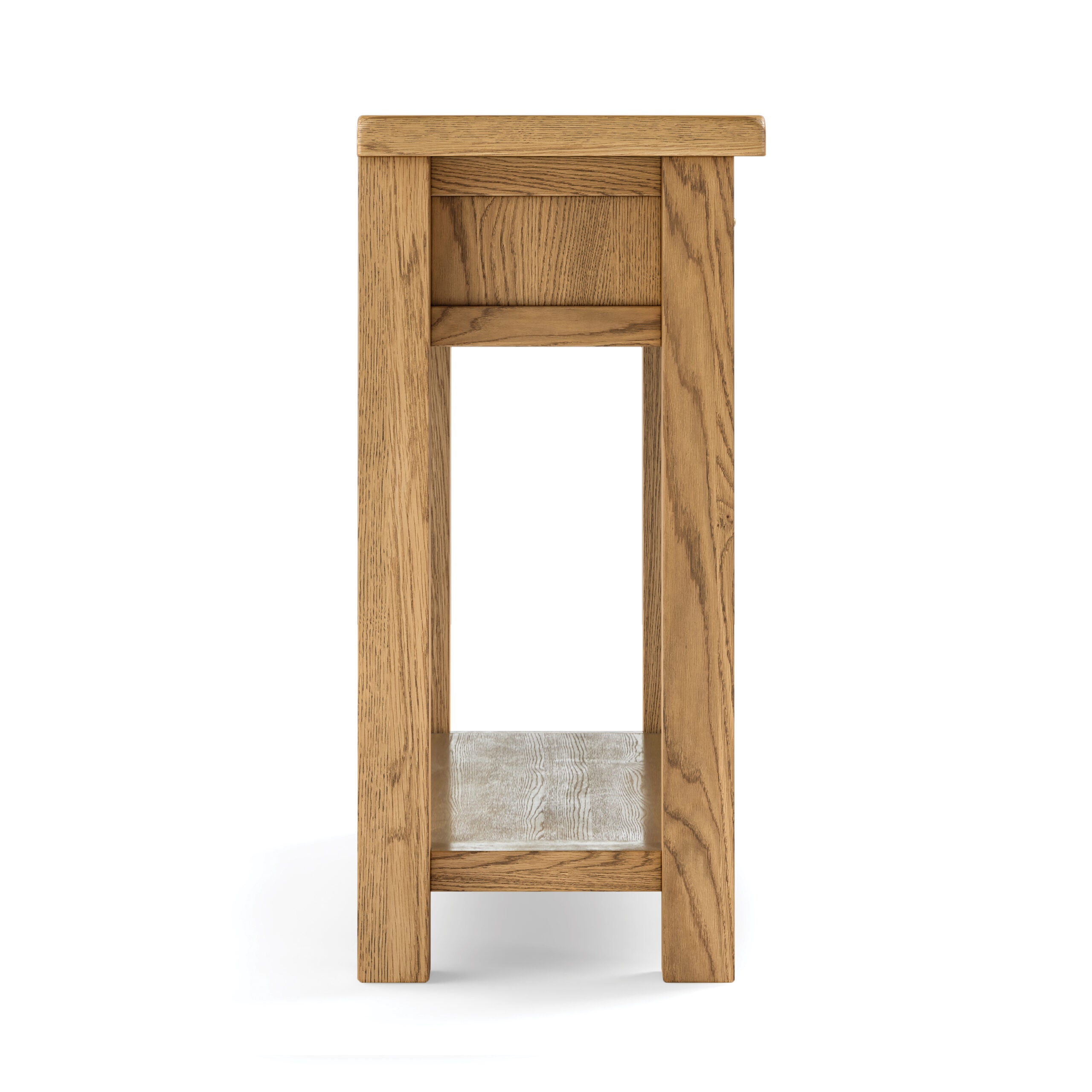 narrow oak console table. side view