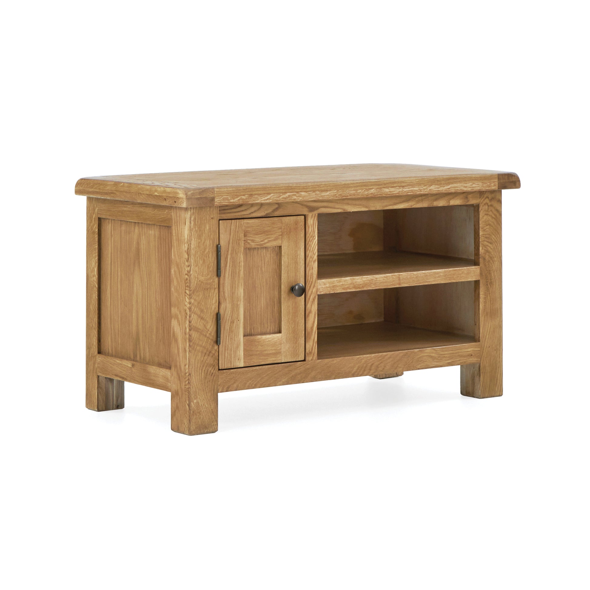 Oak TV Unit with a small cupboard and 2 storage shelves