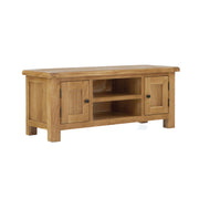 oak TV unit with 2 centre shelves and a storage cupboard on either side of the shelving