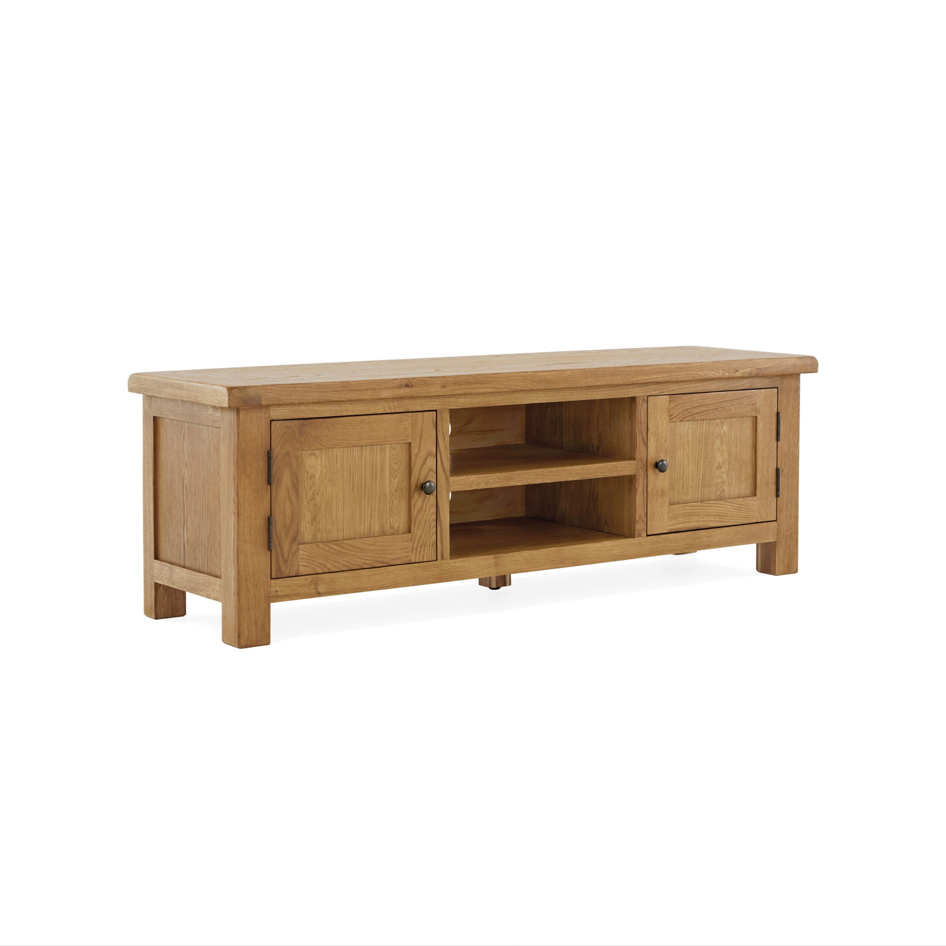 extra large oak TV unit with 2 centre shelves and a storage cupboard on either side of the shelving