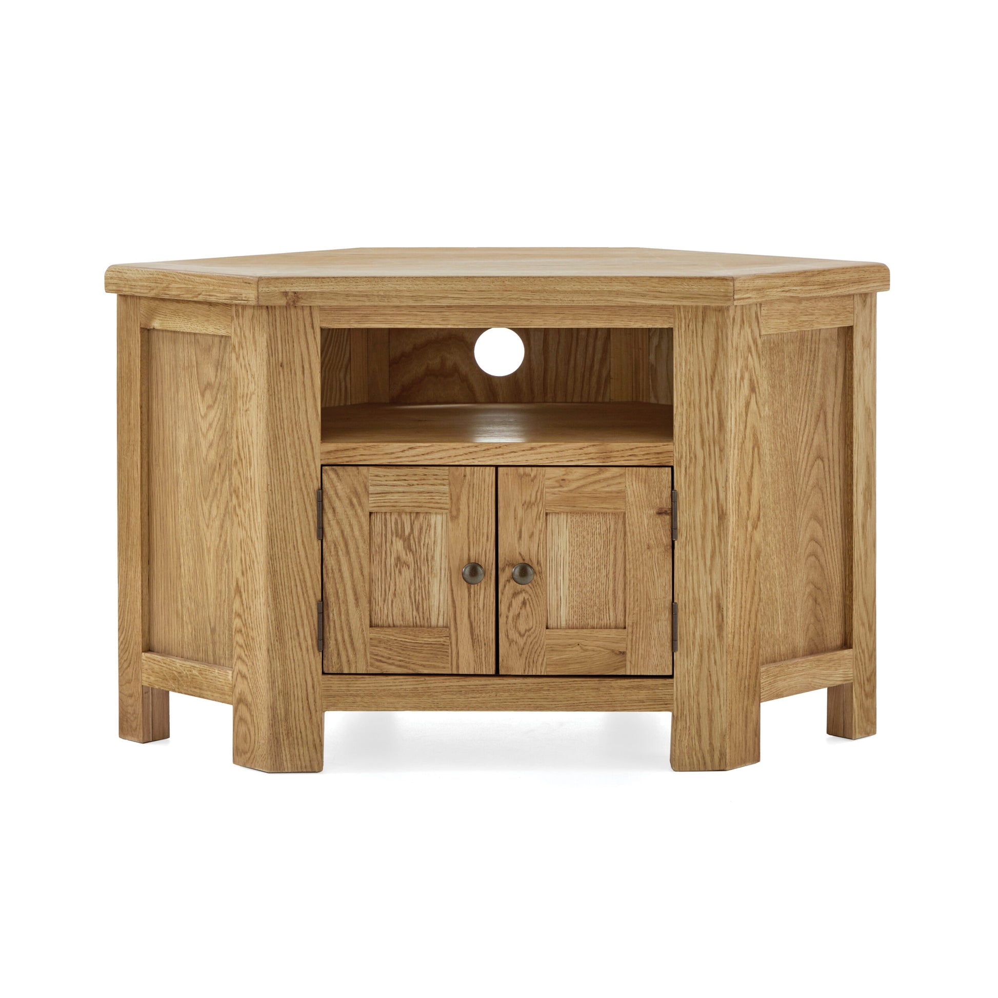 6 sided oak corner tv unit with 4 legs, a centre shelf and 2 small doors beneath revealing enclosed storage