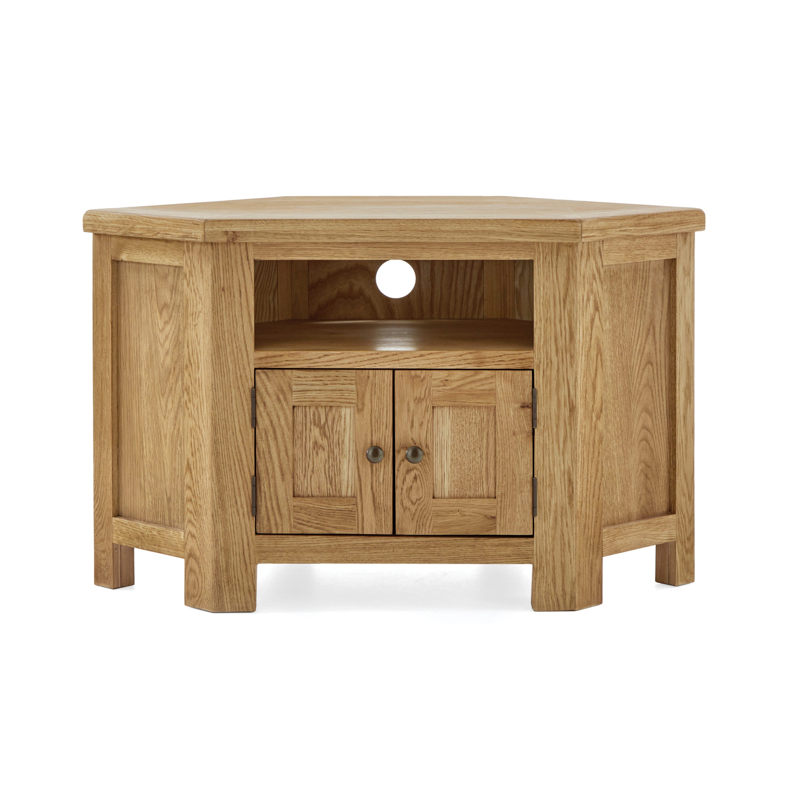 6 sided oak corner tv unit with 4 legs, a centre shelf and 2 small doors beneath revealing enclosed storage