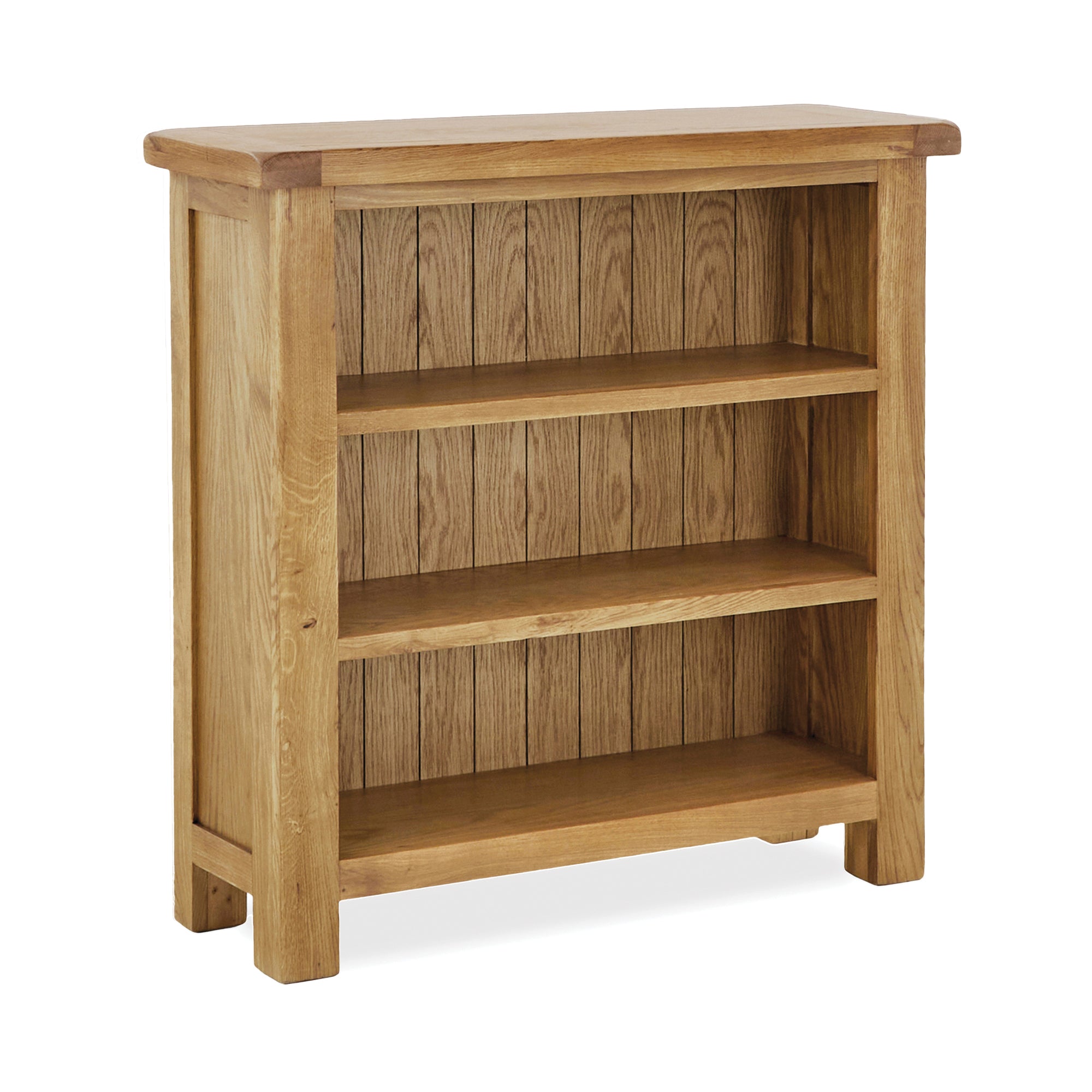 low oak bookcase with 3 shelves