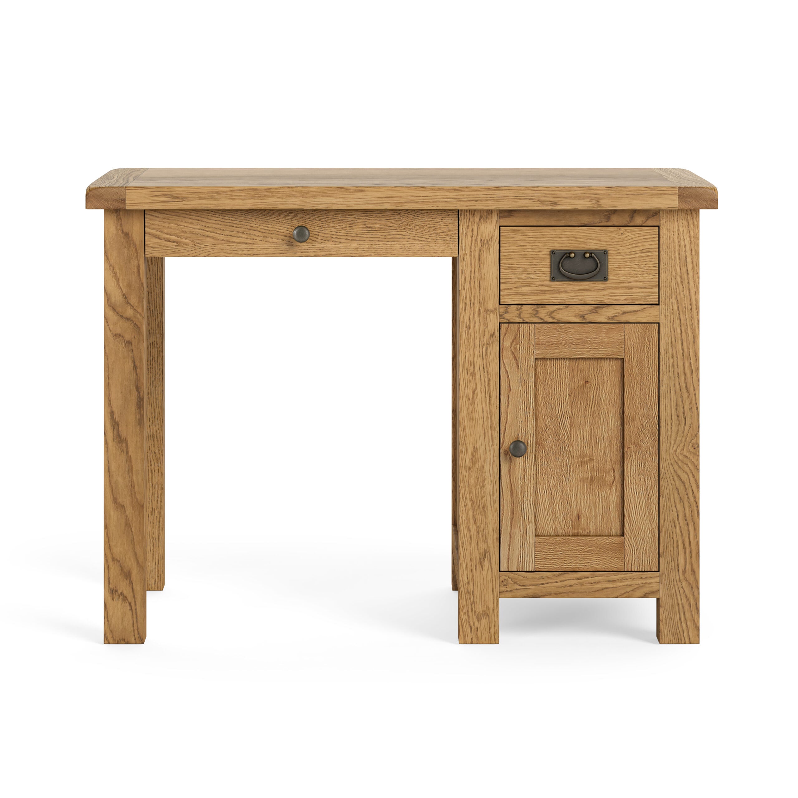 single oak desk with 2 drawers and 1 cupboard