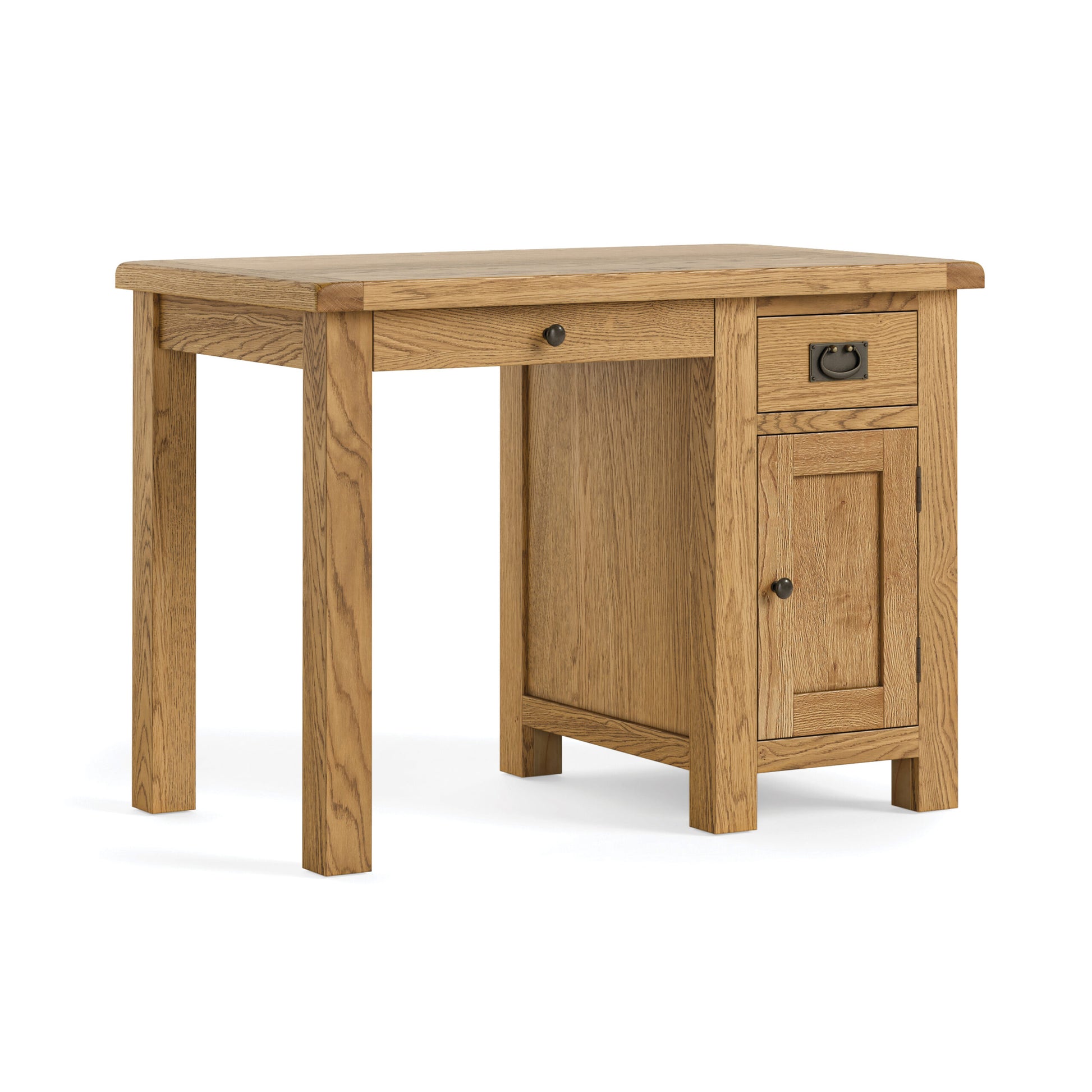 single oak desk with 2 drawers and 1 cupboard
