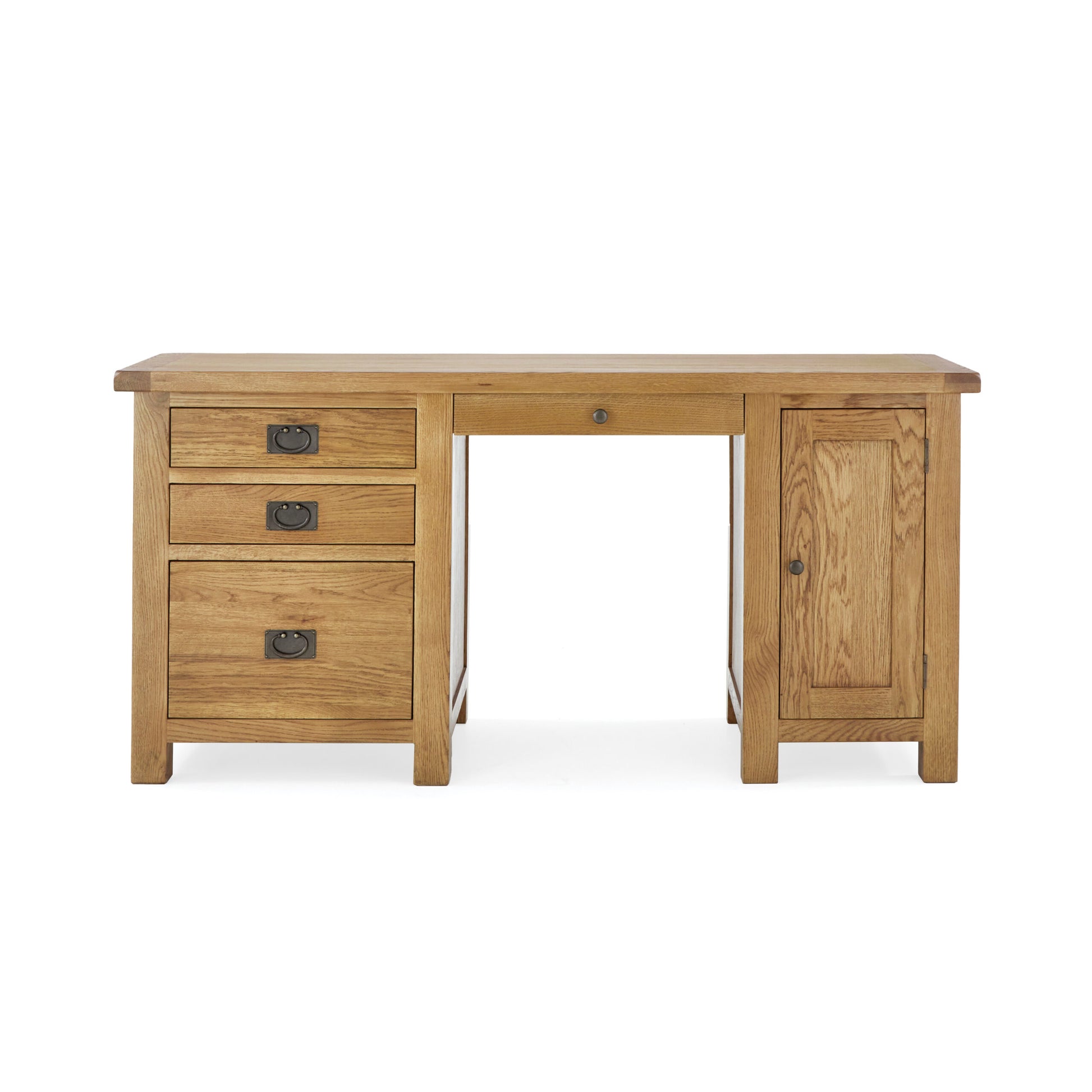 oak desk with 3 drawers on the left and single storage cupboard on the right