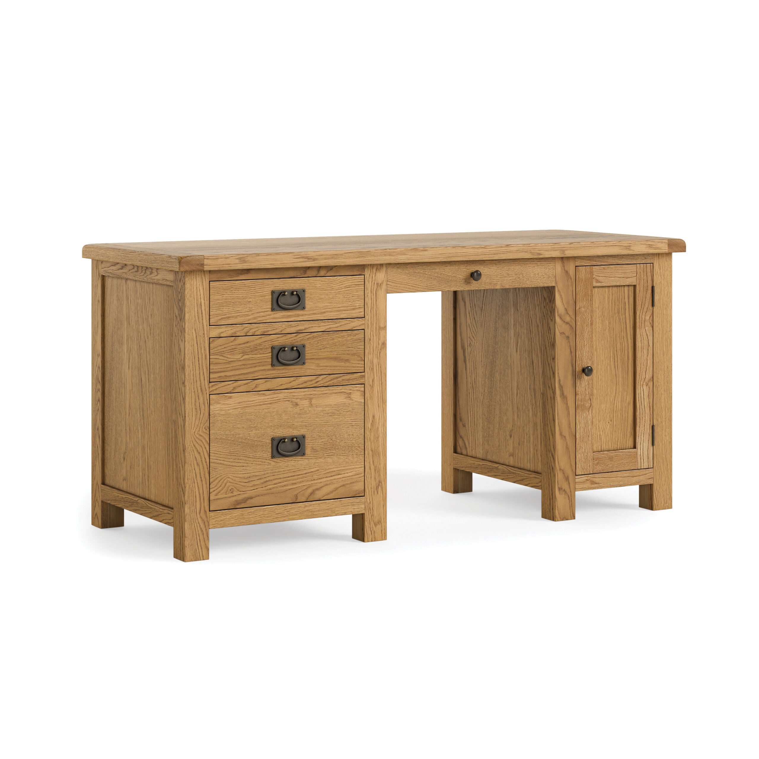 oak desk with 3 drawers on the left and single storage cupboard on the right