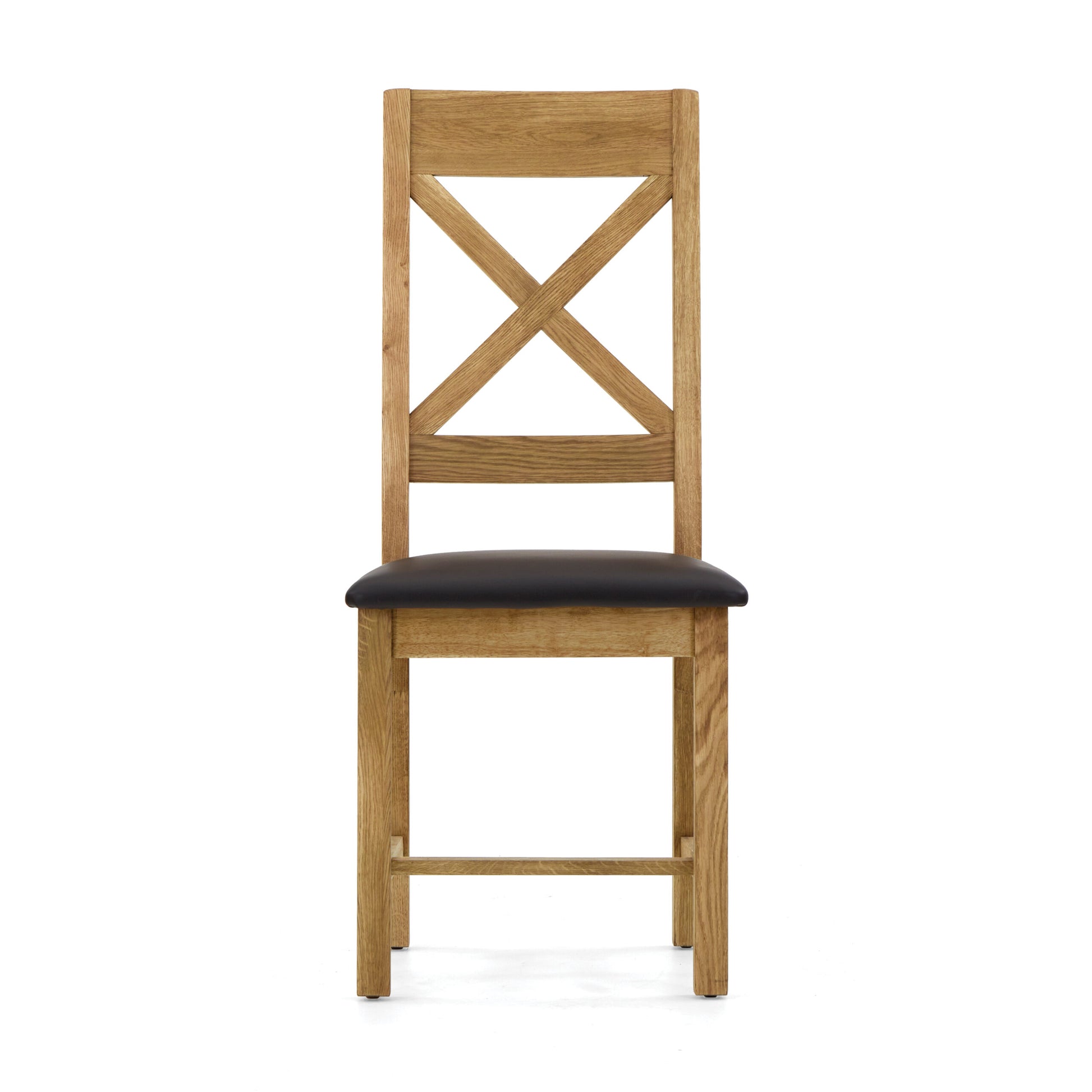 oak chair with a cross back design and black leather seat. front view