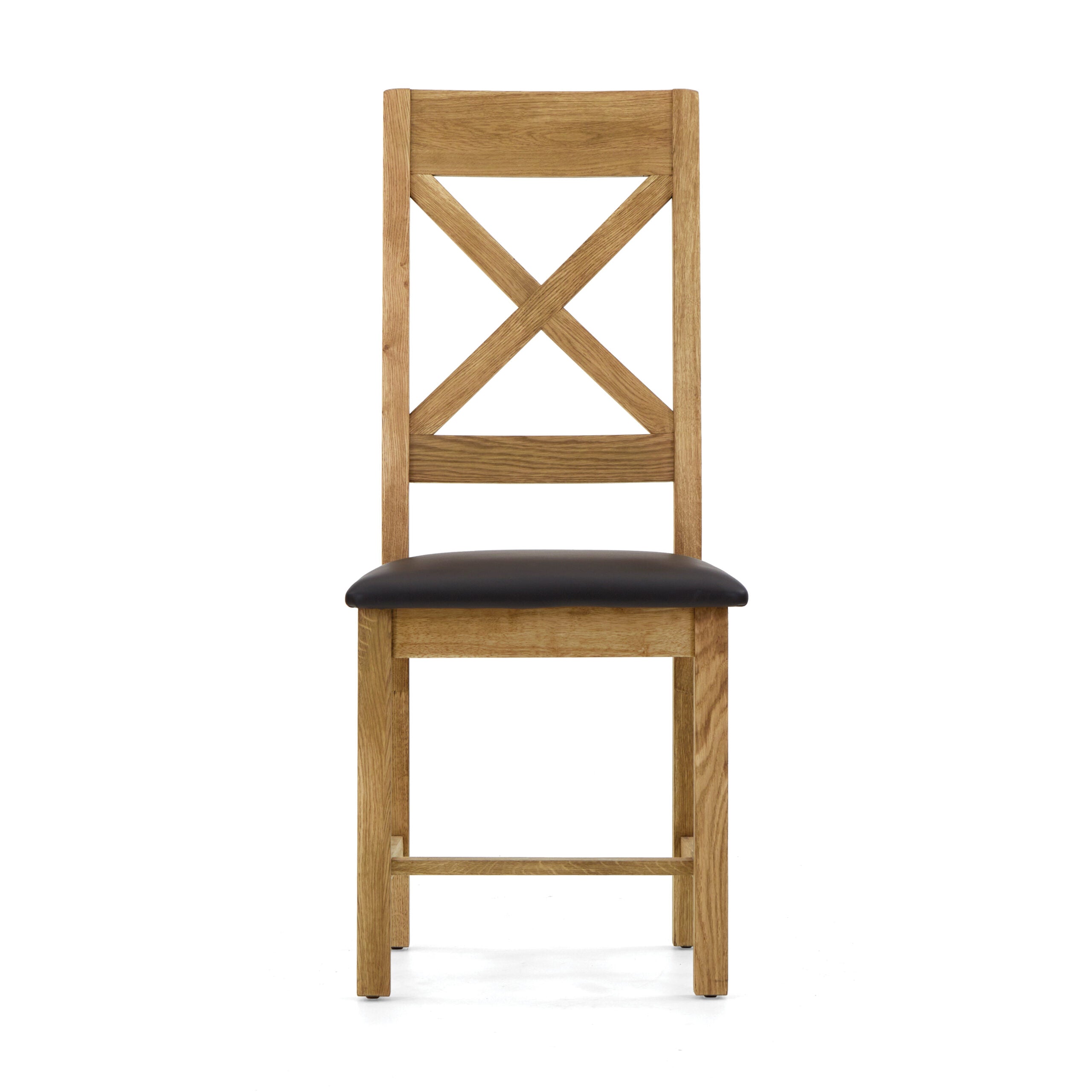 oak chair with a cross back design and black leather seat. front view