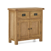 Oak mini sideboard with 2 drawers and 2 cupboard doors underneath the drawers.