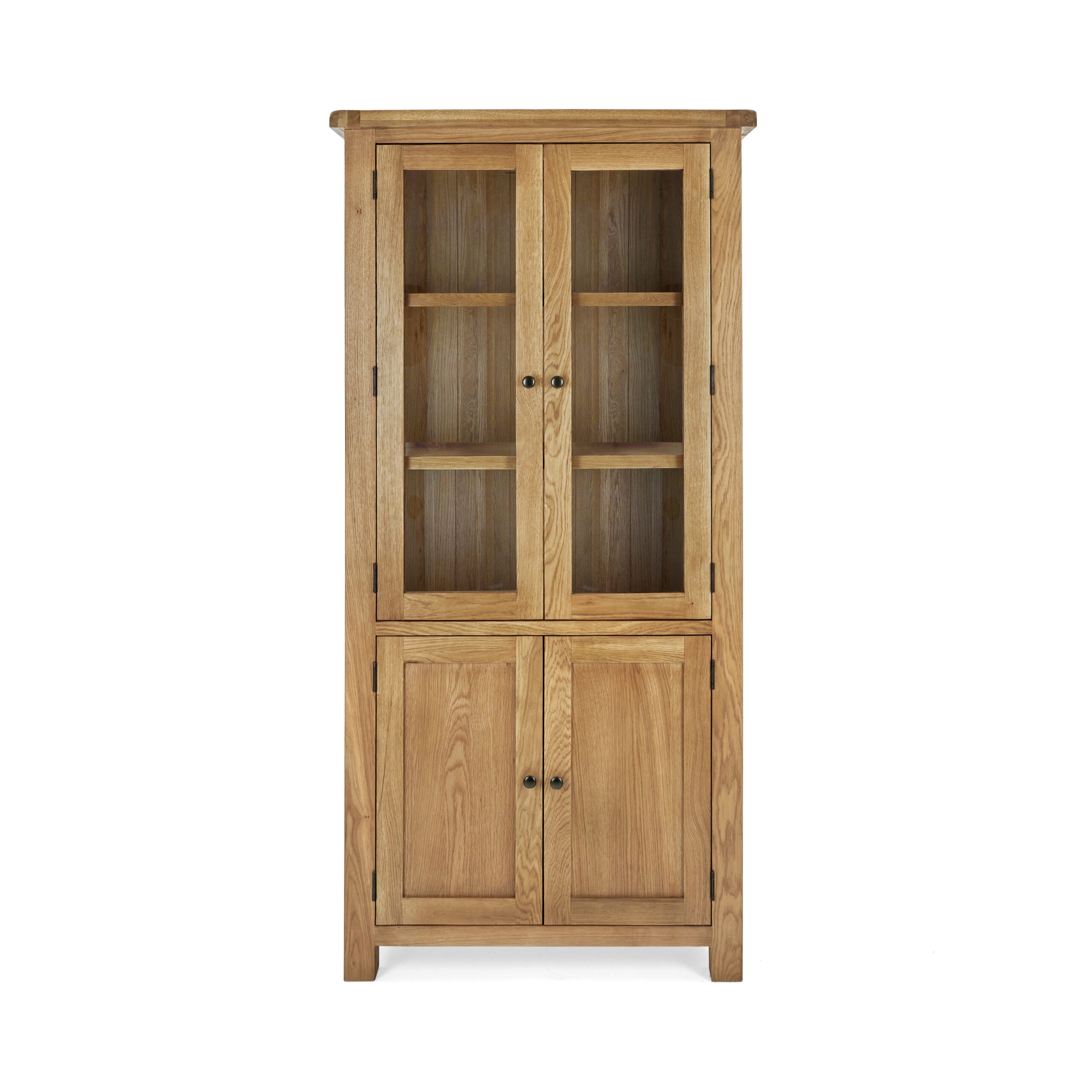 tall oak display cabinet with double glass doors, 3 upper shelves and concealed storage underneath behind two oak doors.
