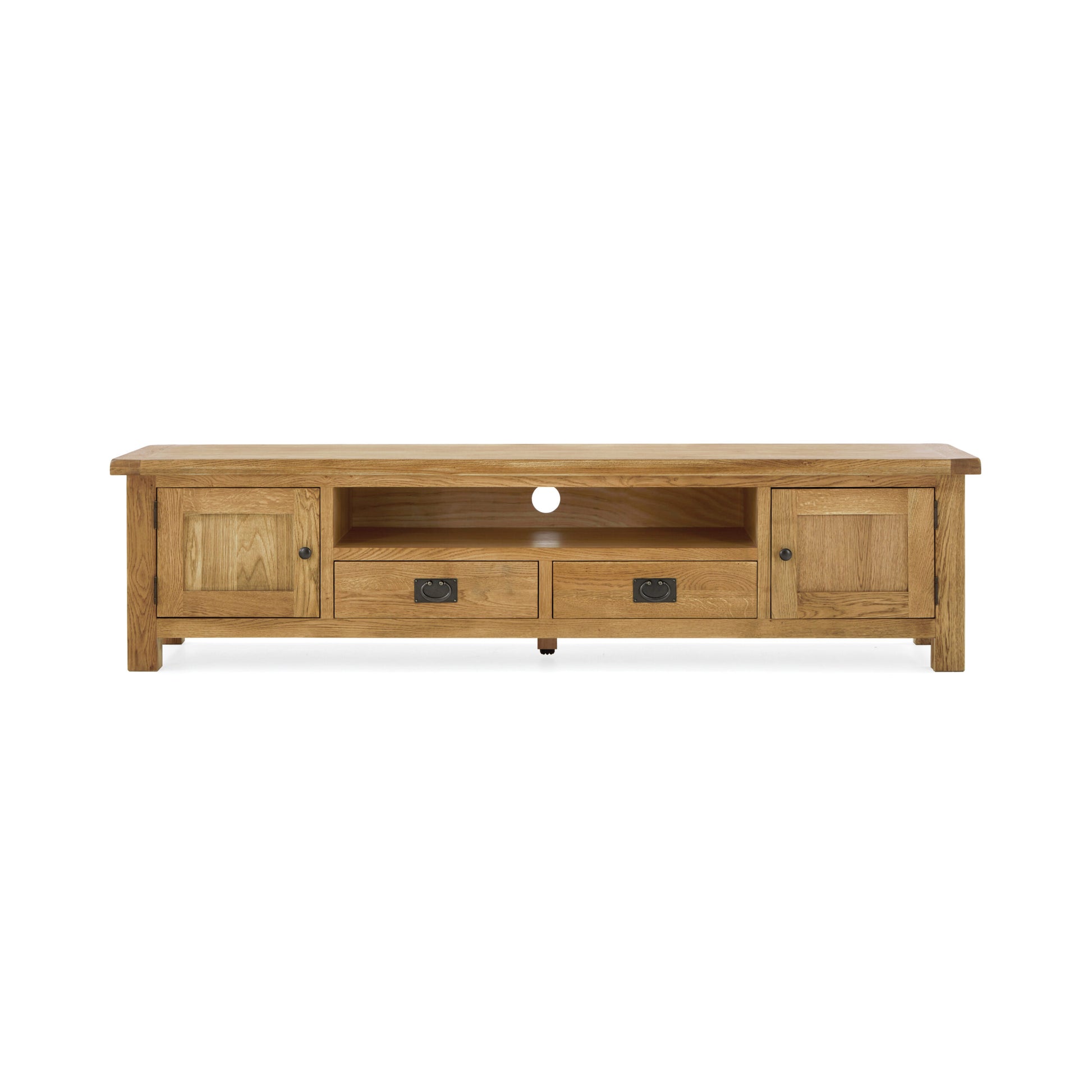 Oak tv unit with centre shelf, two drawers underneath and a cupboard on either side