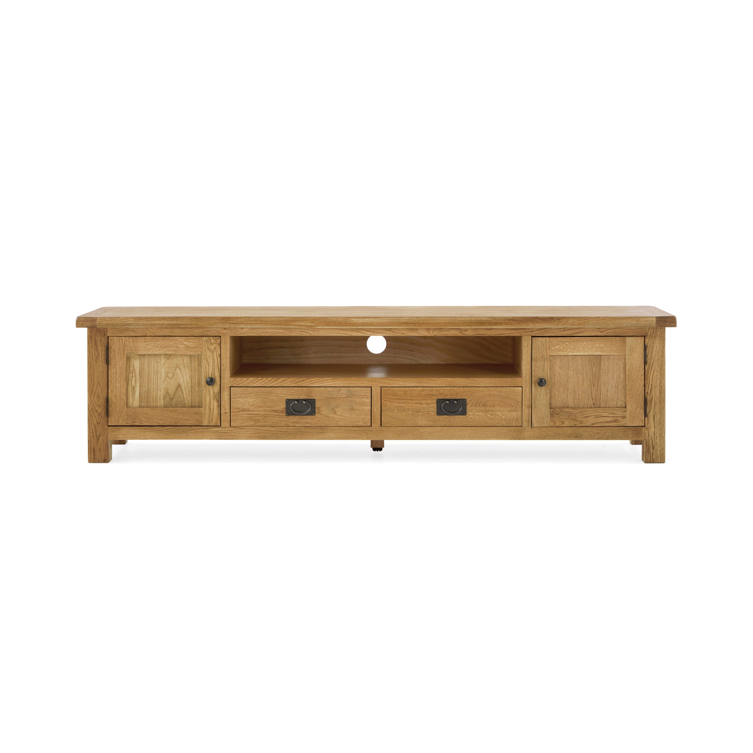 Oak tv unit with centre shelf, two drawers underneath and a cupboard on either side