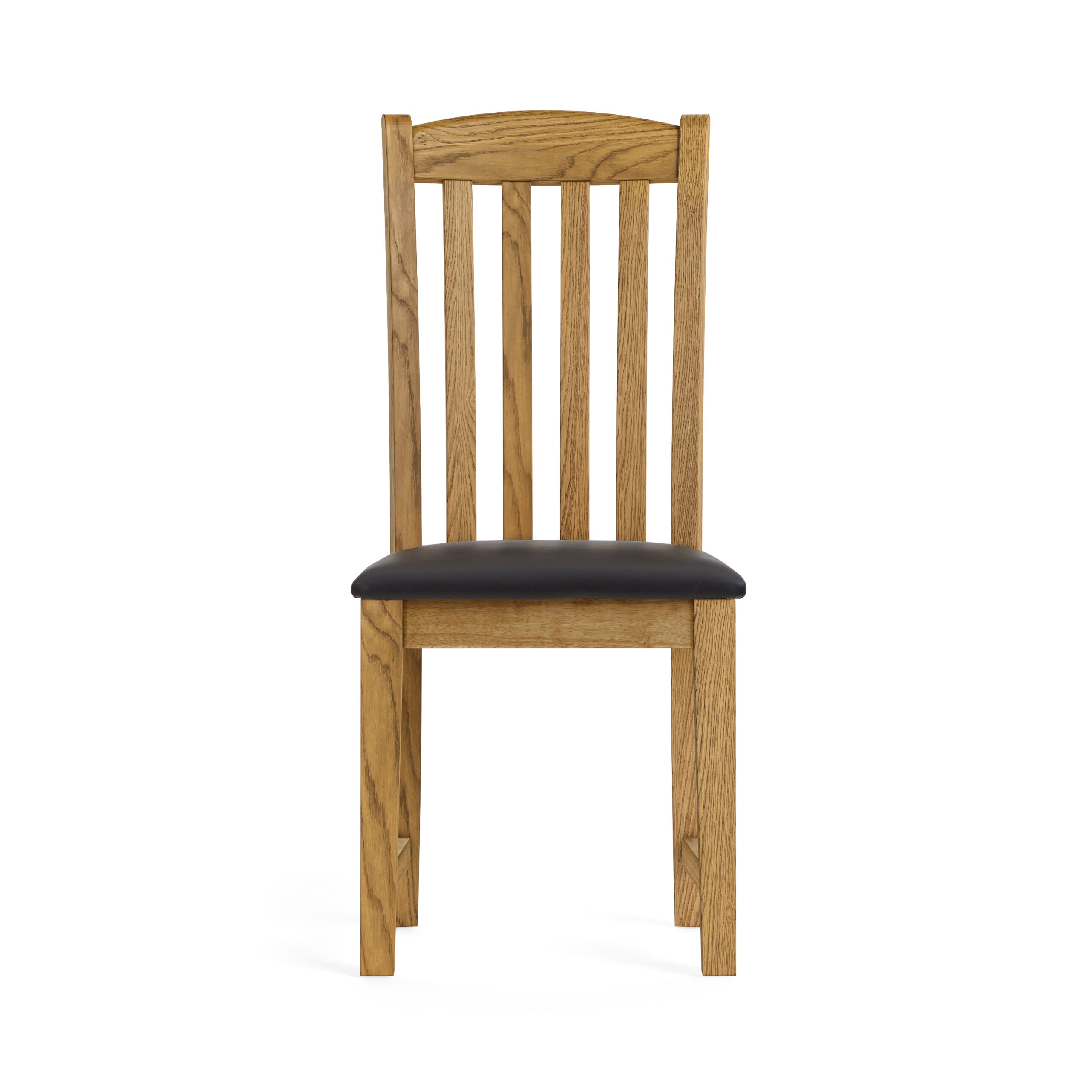oak chair with 4 slim vertical oak slats within the oack frame and a black leather seat.