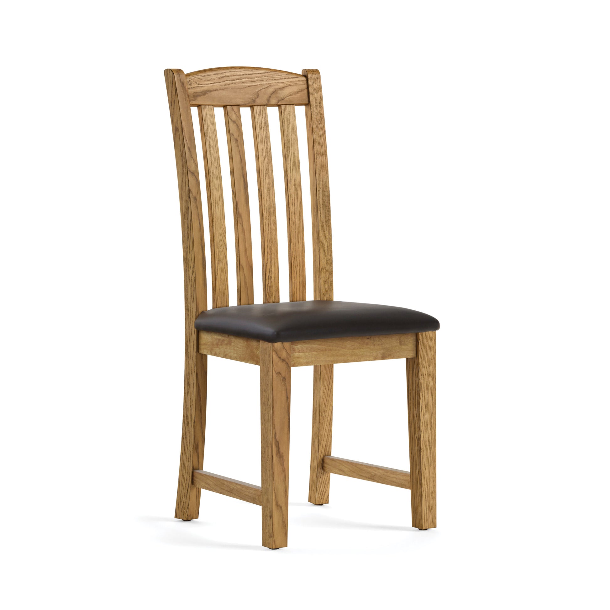 oak chair with 4 slim vertical oak slats within the oack frame and a black leather seat.