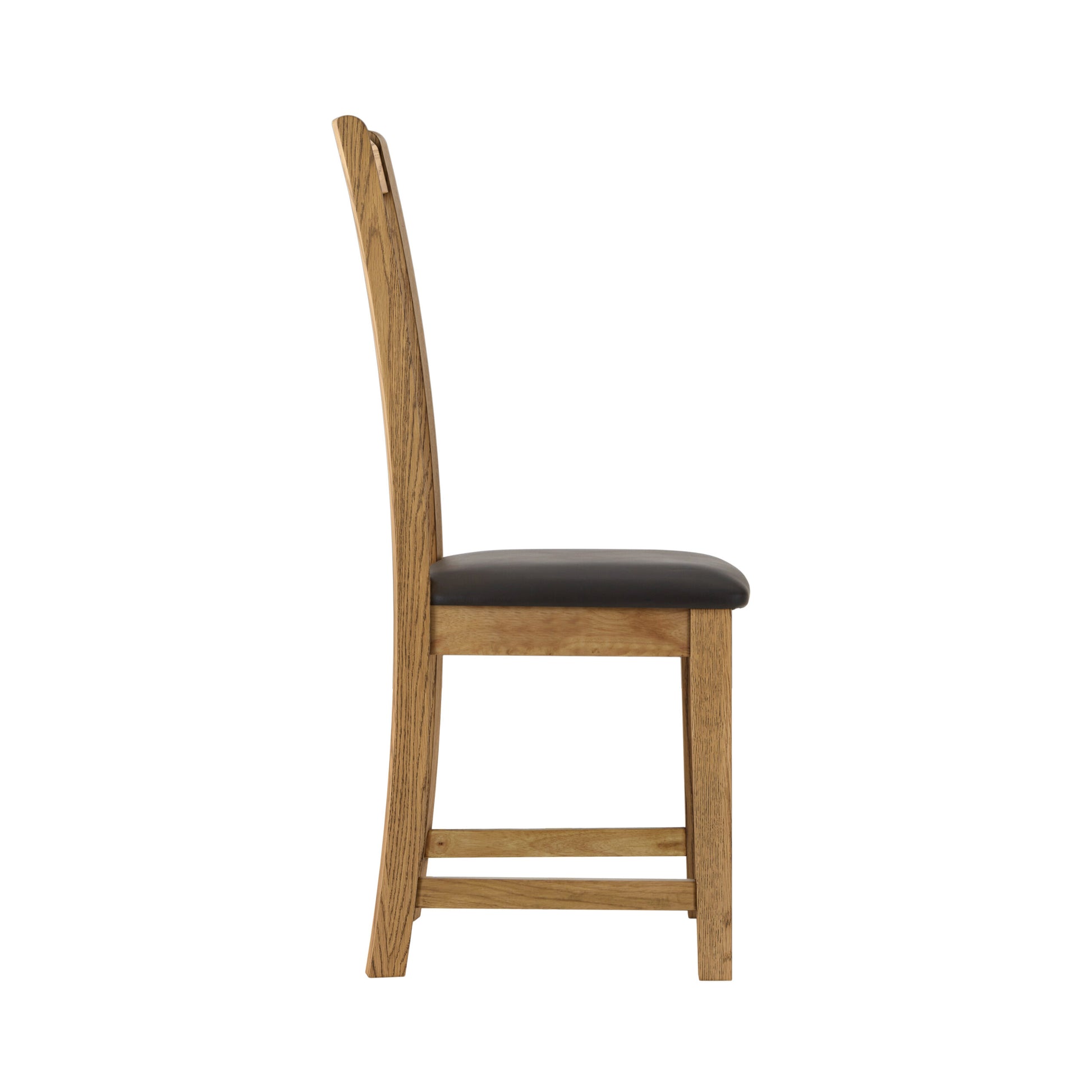 oak chair with 4 slim vertical oak slats within the oack frame and a black leather seat.