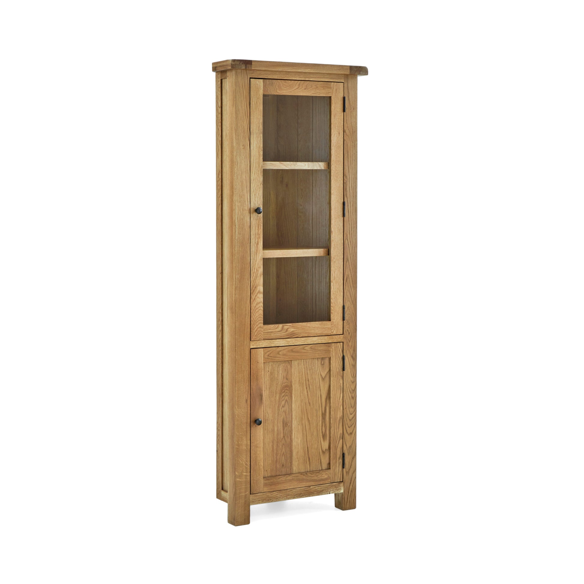 tall oak display cabinet with single glass door, 3 upper shelves and concealed storage underneath behind a single oak door.