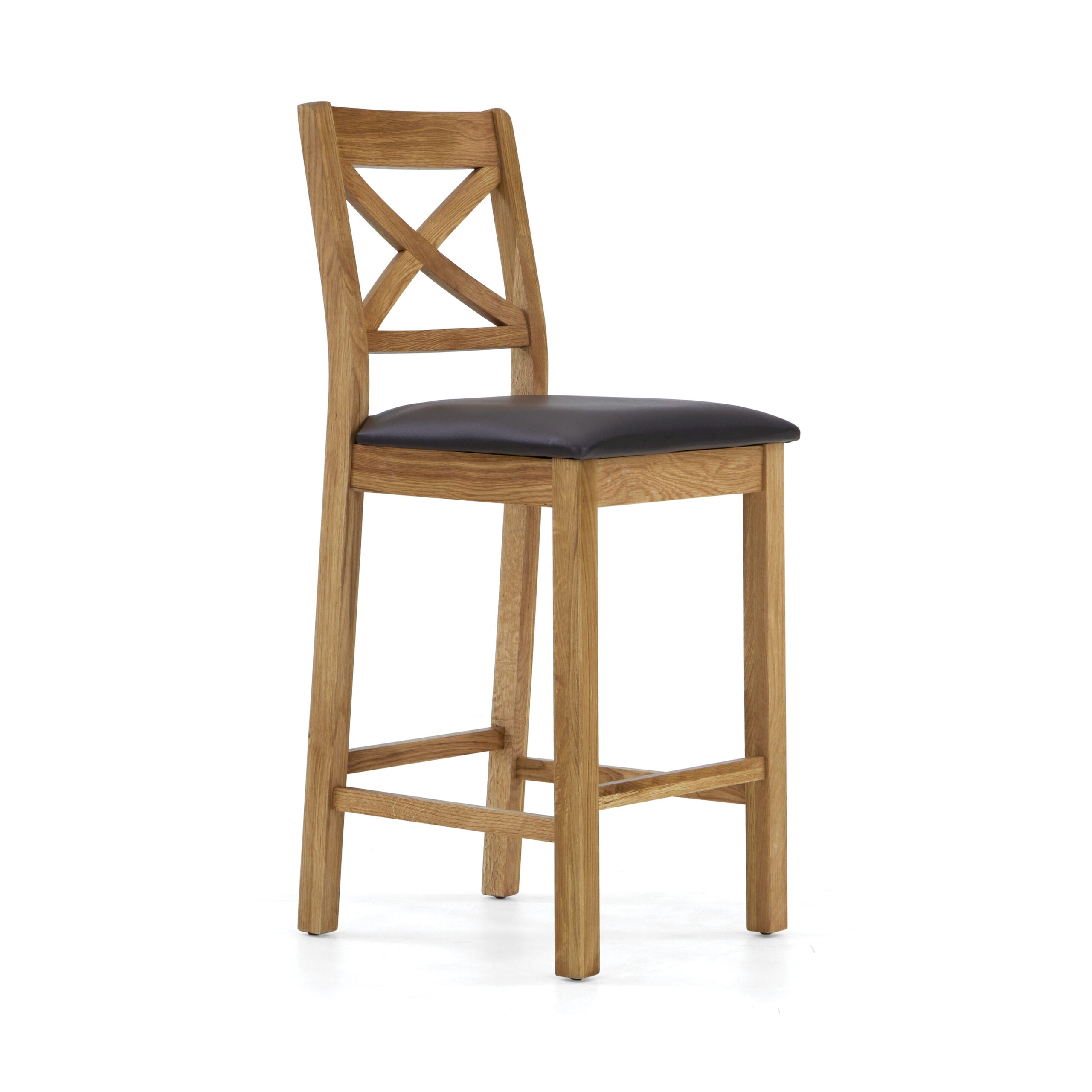 oak Bar stool with cros back design and brown leather seat