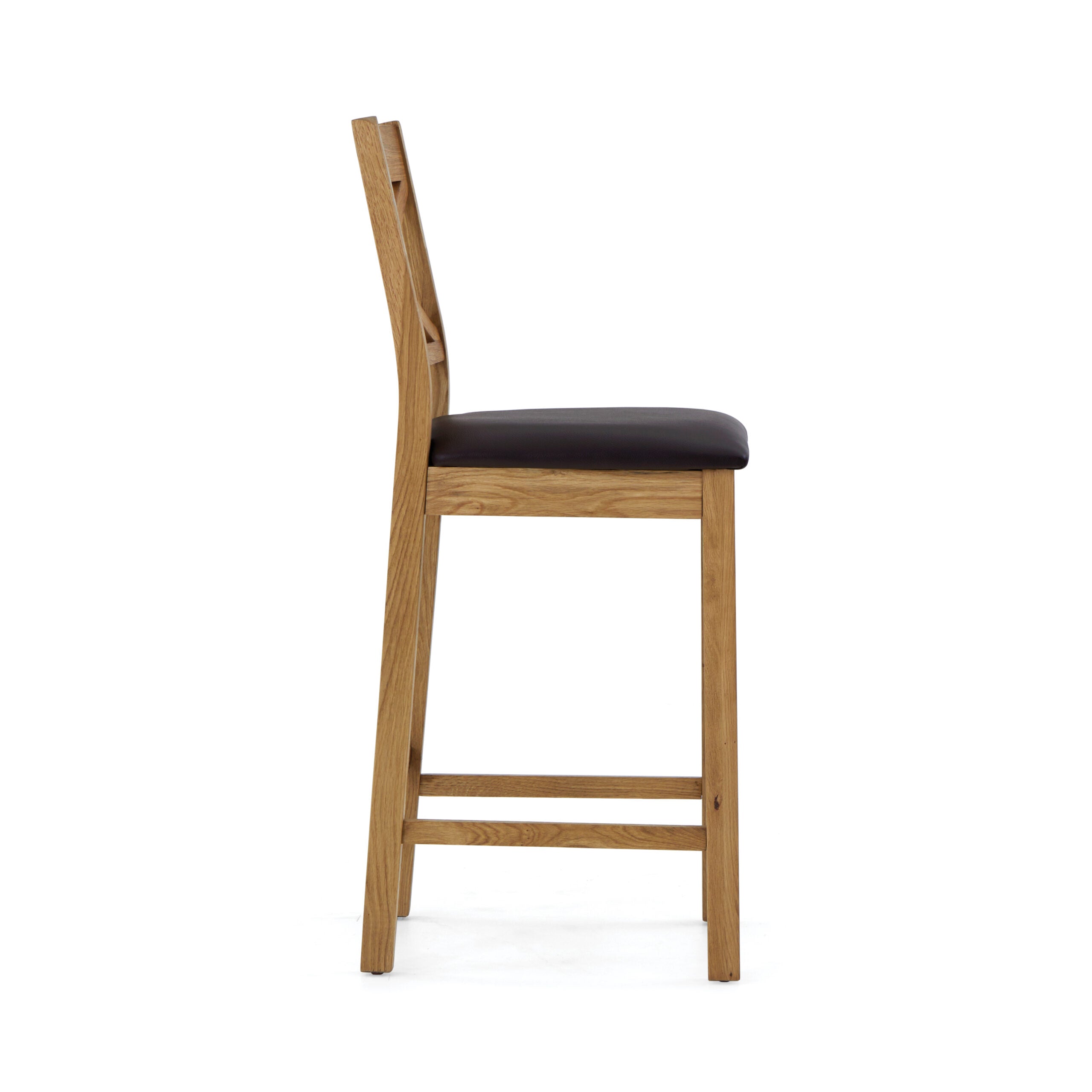 oak Bar stool with cros back design and brown leather seat