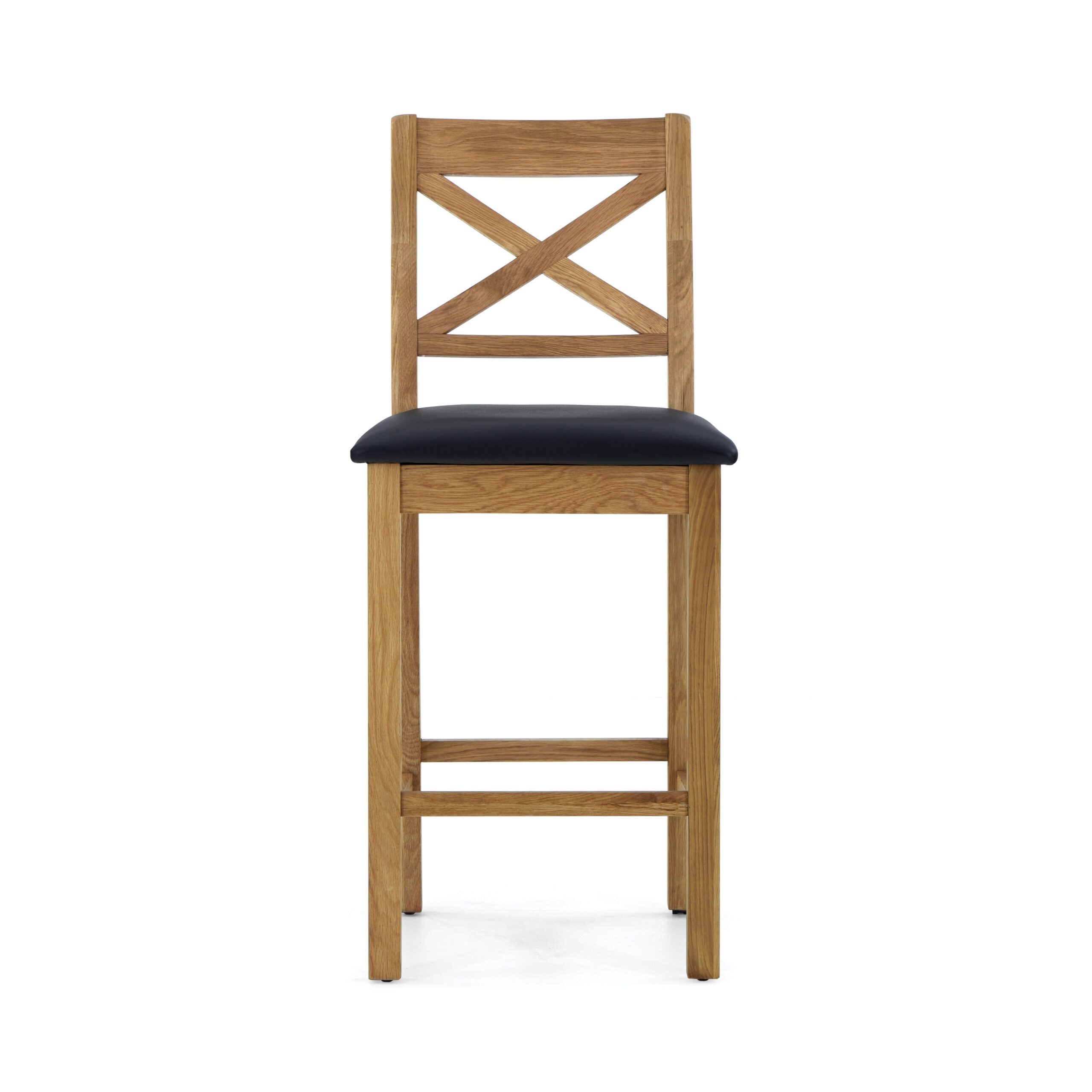 oak Bar stool with cros back design and black leather seat