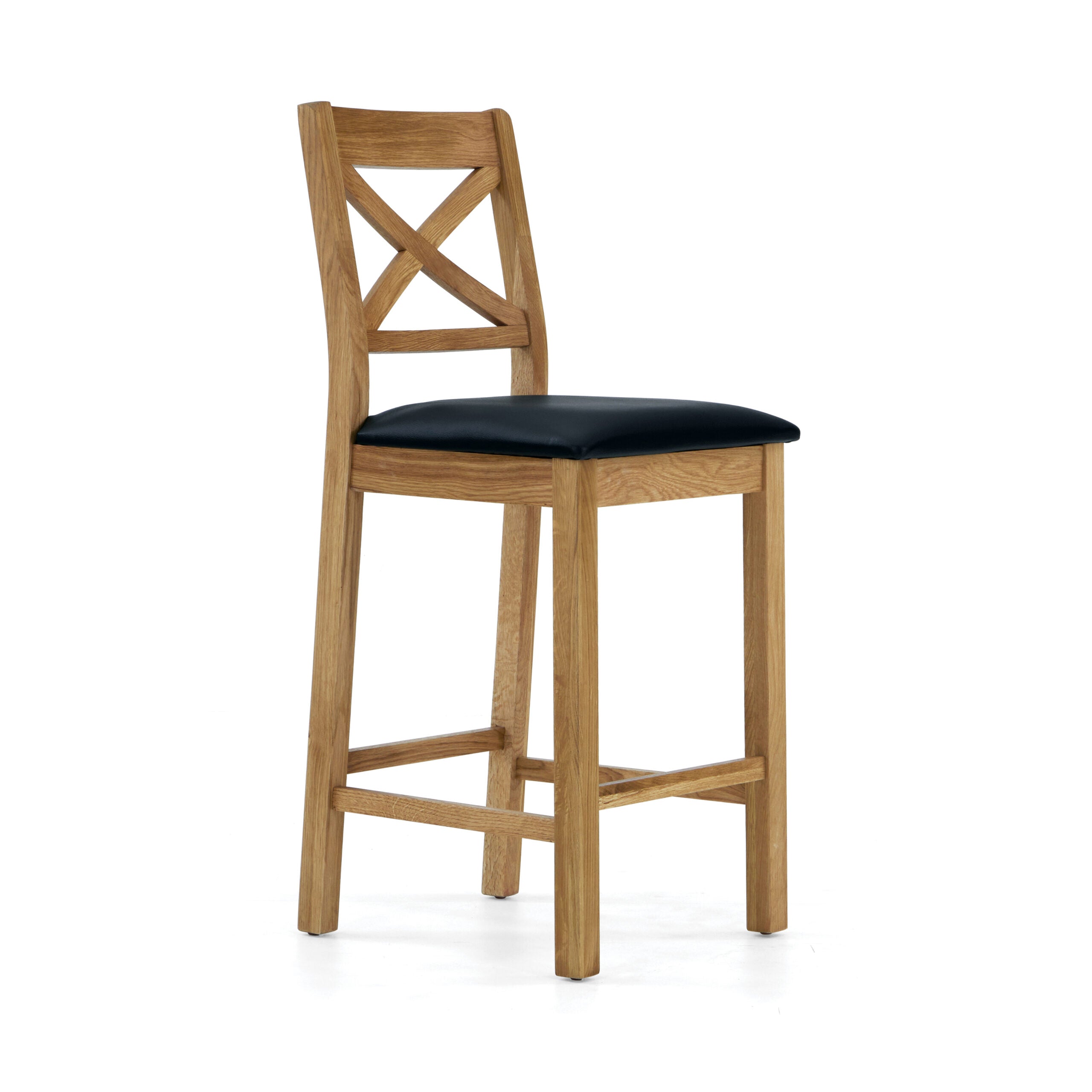 oak Bar stool with cros back design and black leather seat